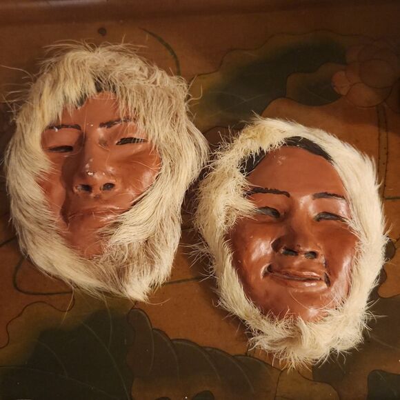 Vintage Alaskan Eskimo Mr. & Mrs. Art Masks Fur Lined